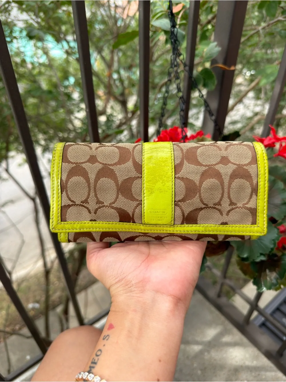 Coach Signature Canvas Wallet with Lime Trim